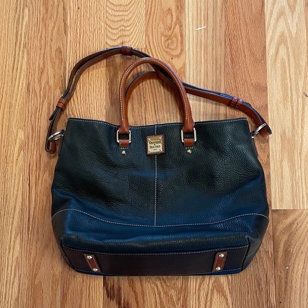 Large Dooney & Bourke Chelsea Shopper with Black Pebble Leather and Tan Straps